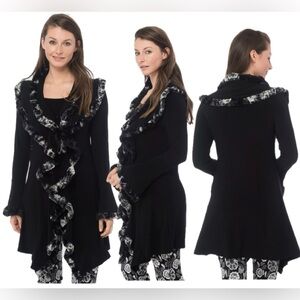 Joseph Ribkoff black ruffle faux fur trim duster cardigan Sz 6 open front